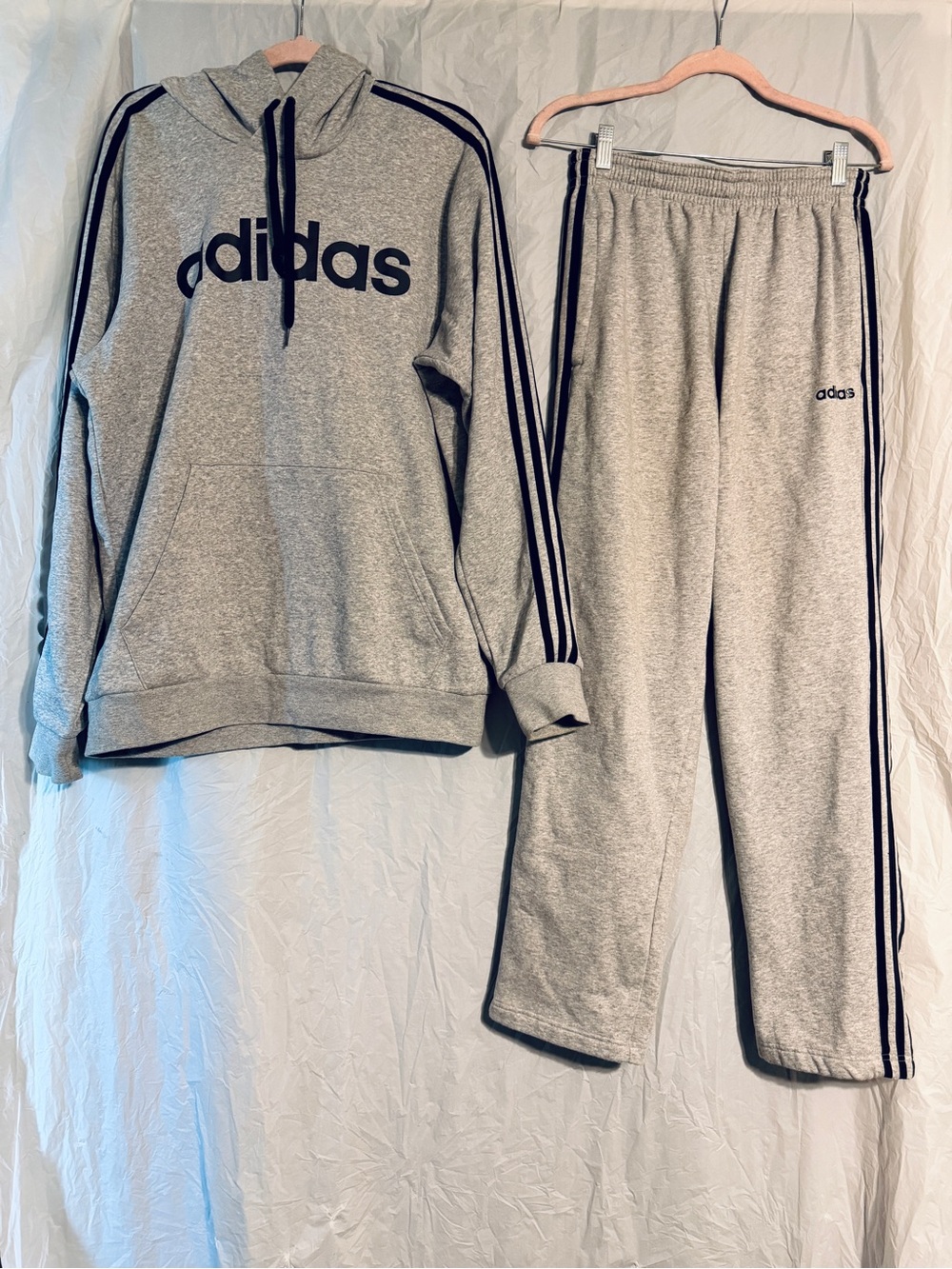 Adidas 2 Piece Tracksuit Set Gray Navy Hoodie L Sweatpants M 3 Stripe